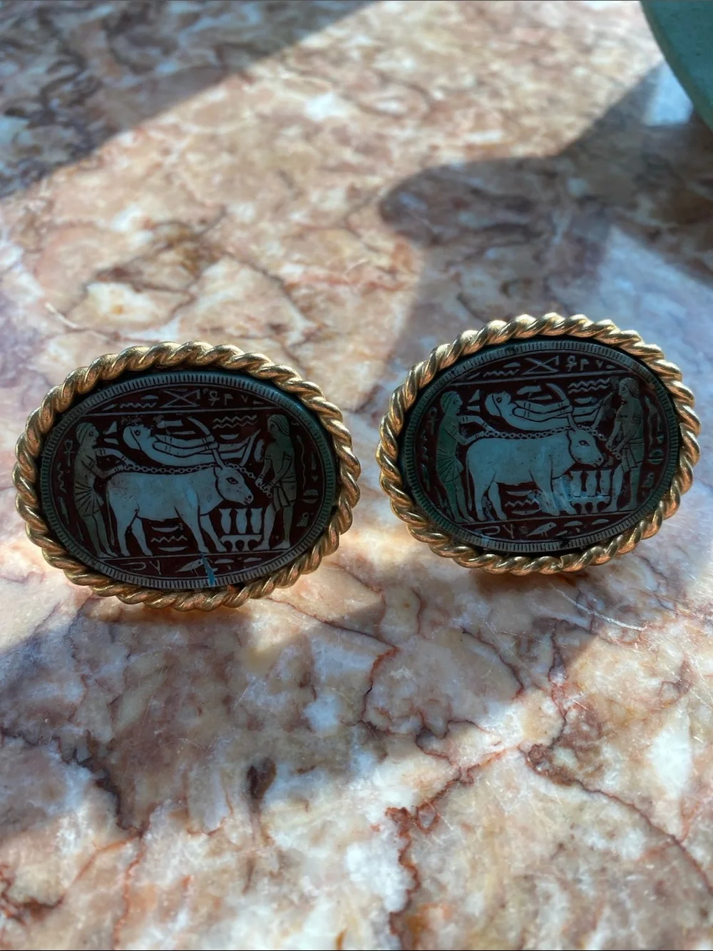 Vintage Egyptian Revival Cuff Links Gold Toned Sacred Bull Hieroglyphic Design